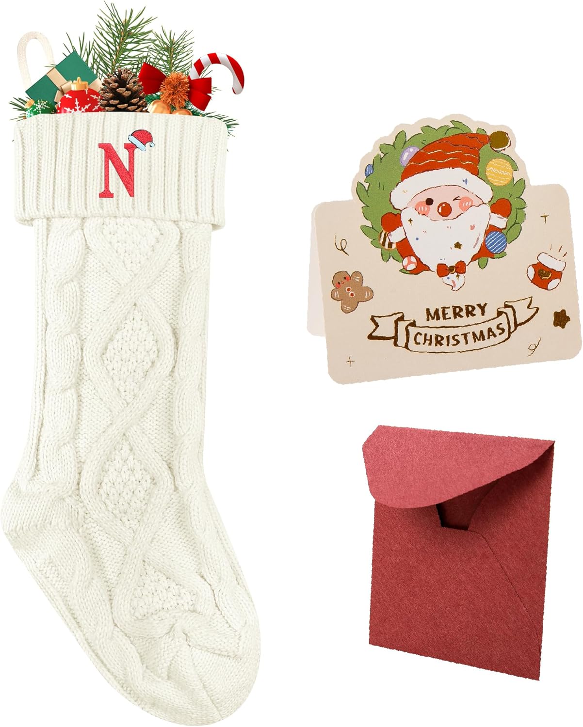 Stockings & Holders - Ulico Christmas Stockings with Initials, 18’’ Large Embroidered Monogram Knit Christmas Stocking,Xmas Stocking for Kids, Holiday and Family Stocking for Fireplace or Party Decoration White Letter N