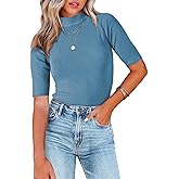 Allegra K Women's Mock Neck Sweater Casual Office Short Sleeve Ribbed Knit Pullover Tops