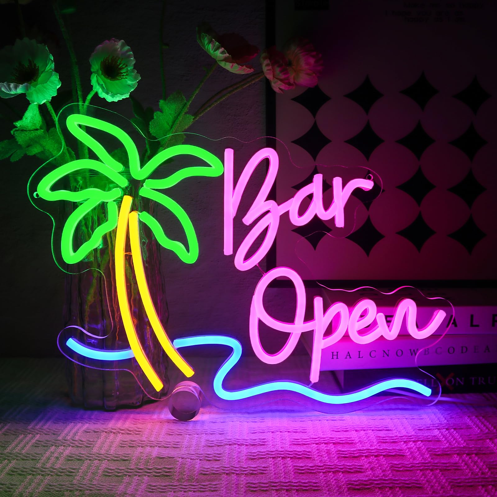 OYCGZV Bar Open Neon Light Sign - Palm Neon Sign for Wall Decor Neon Wall Light USB Led Open Sign for Beer Bar Coffee Cafe Club Business Home Pub Man Cave Summer Beach Party Decorations