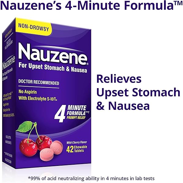 NAUZENE NON-DROWSY UPSET STOMACH & NAUSEA RELIEF CHEWABLE TABLETS – FAST-ACTING RELIEF IN 4 MINUTES – DOCTOR RECOMMENDED – WILD CHERRY FLAVOR, 42 CT