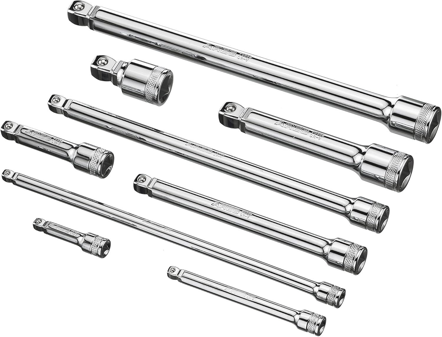 ARES 70330-9-Piece Wobble Extension Set - Premium Chrome Vanadium Steel Construction - 1/4-inch, 3/8-inch and 1/2-inch Drive Sizes Included - Storage Tray Included - - 