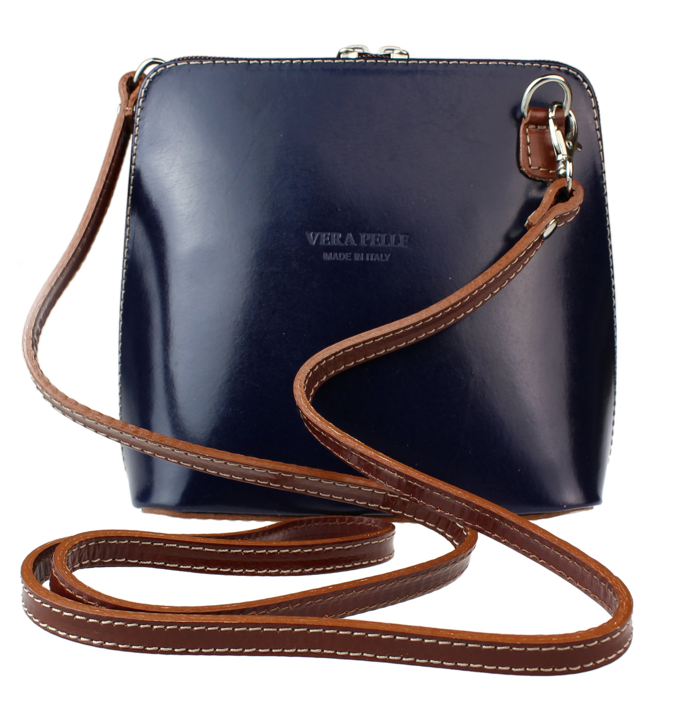 Girly Handbags Womens Genuine Leather Rigid Cross Body Shoulder Bag Real Italian - Navy Dark Tan