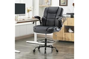SOFETURA Drafting Chair 500Lbs, Tall Office Chair for Standing Desk, High PU Leather Executive Office Chair with Flip-up Armrests, Ergonomic High Chair with Adjustable Foot Ring, Comfy Stool Chairs, Black