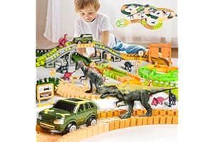 Doloowee Dinosaur Toys for Kids, 239 Pcs Flexible Track Playset with 8 Dinosaurs, 2 Race Car Toys,Create A Dinosaur World Road Race Track Toddler Toys for 3 4 5 6 Year & Up Old Boys Girls Best Gift