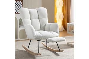 FOXHUNTER Nursery Rocking Chair, Teddy Upholstered Glider Rocker with Adjustable Footrest, Rocker Recliner Chair with High Backrest, Glider Recliner, Reading Chair for Bed Room (Ivory)