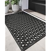 DEXI Front Door Mat Outside Entrance Rubber 24x36, Welcome Floor Doormat Heavy Duty Non Slip, Dirt Trapper Waterproof Exterior Entry Mats All Weather for Patio Entryway Drainage, Black