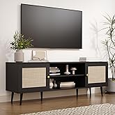 Furnify Rattan TV Stand for 55/65/70 inch TV, Boho 59" Entertainment Center with Storage, Modern Mid Century Media Console with Rattan Doors and Adjustable Shelf, Wood TV Stand for Living Room, Black