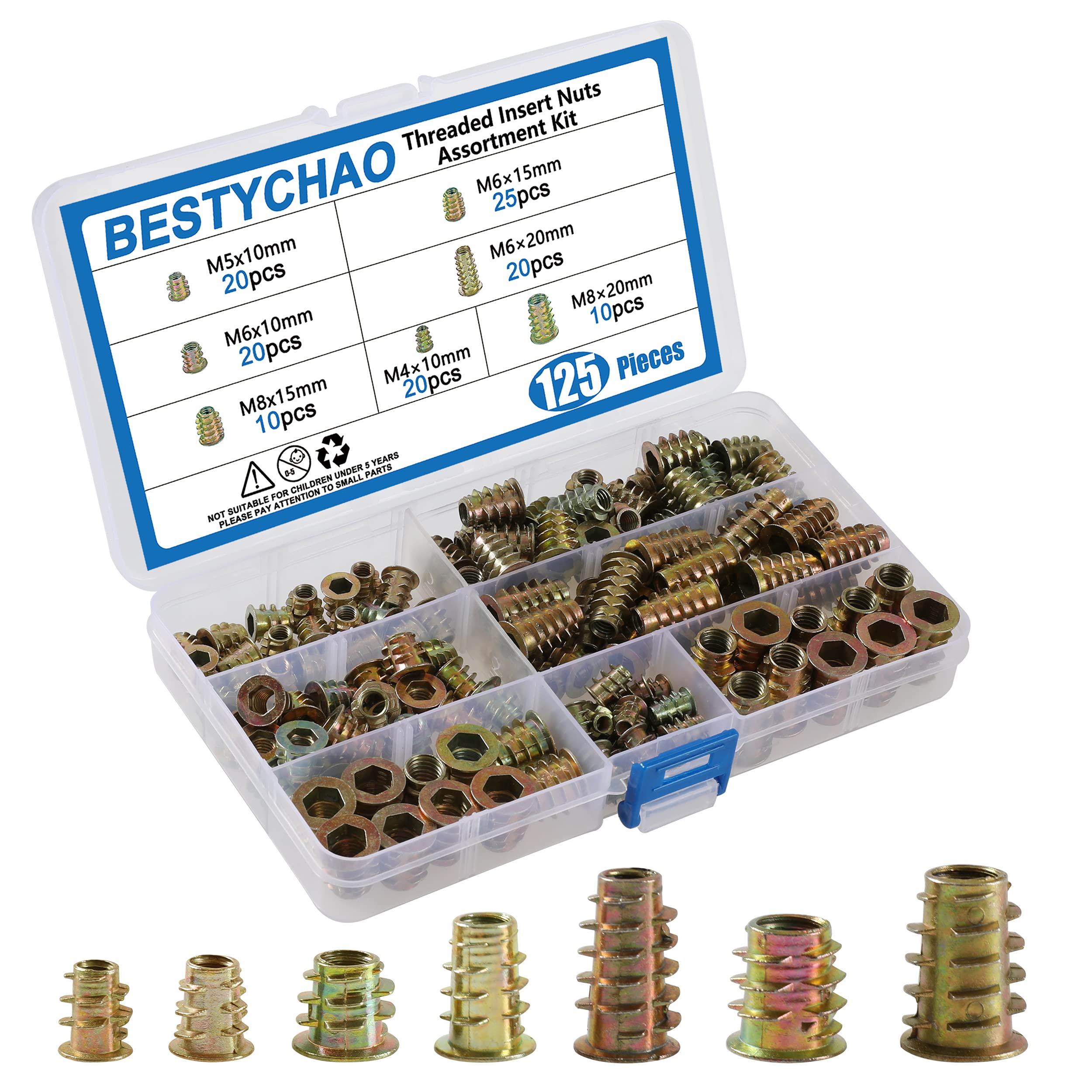 BESTYCHAO Threaded Insert Nuts, 125Pcs 7 Sizes Zinc Alloy Furniture Hex Socket Screw, M4 M5 M6 M8 Assorted Flat Head Threaded Rivet Nut Assortment Kit for Wood Furniture