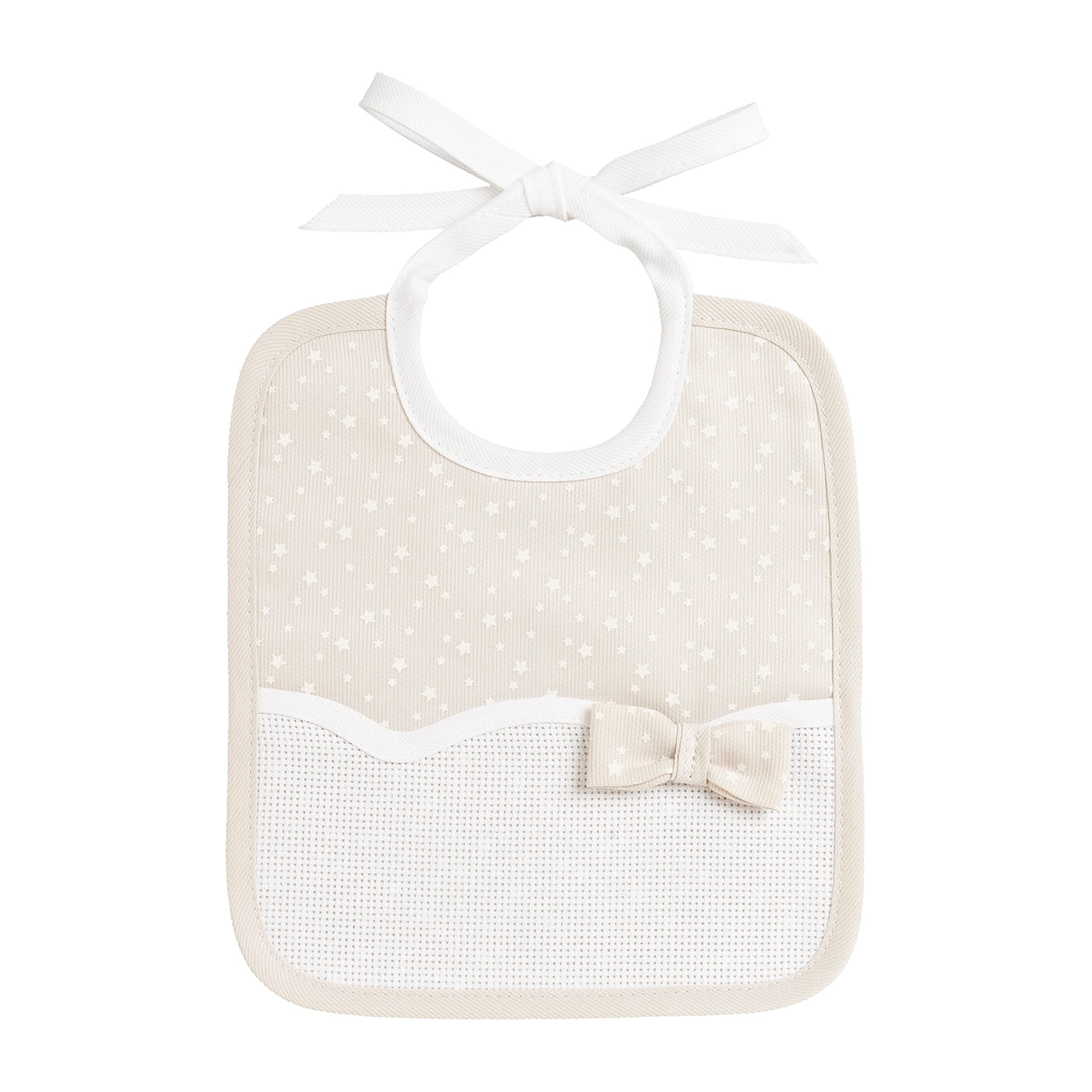 AGOFIL Bib Made from Star Print Cotton Piquet with Aida Insert for Embroidery, Ideal for Newborns, 100% Made in Italy, Colour Beige and White, One Size (658T)