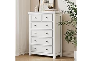 BOSHIRO White Dresser for Bedroom, 6 Chest of Drawer, 6 Drawers Dresser Tall Nightstand, Modern White Drawer Cabinet for Living Room,Home Office