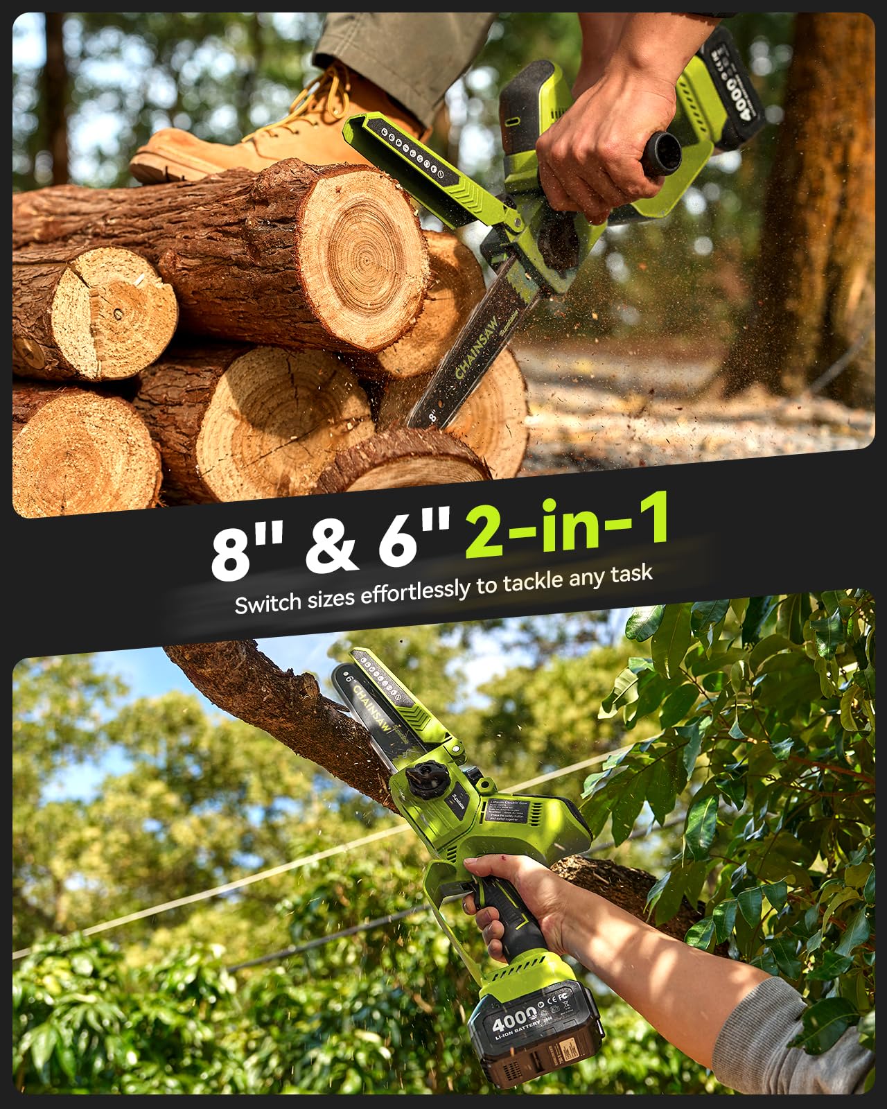 8 und 6 Zoll Mini Kettensäge,1300W Astsäge mit 8000mAh Batterie, Akku Säge mit Automatischem Öler und Werkzeugloser Kettenspannung, Kompatible mit Makita Akku 18V, Einhand Kettensäge für Holz, Ast 4