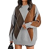 Trendy Queen Women's Color Block Argyle Plaid Oversized Chunky Knit Crewneck Sweaters 2025