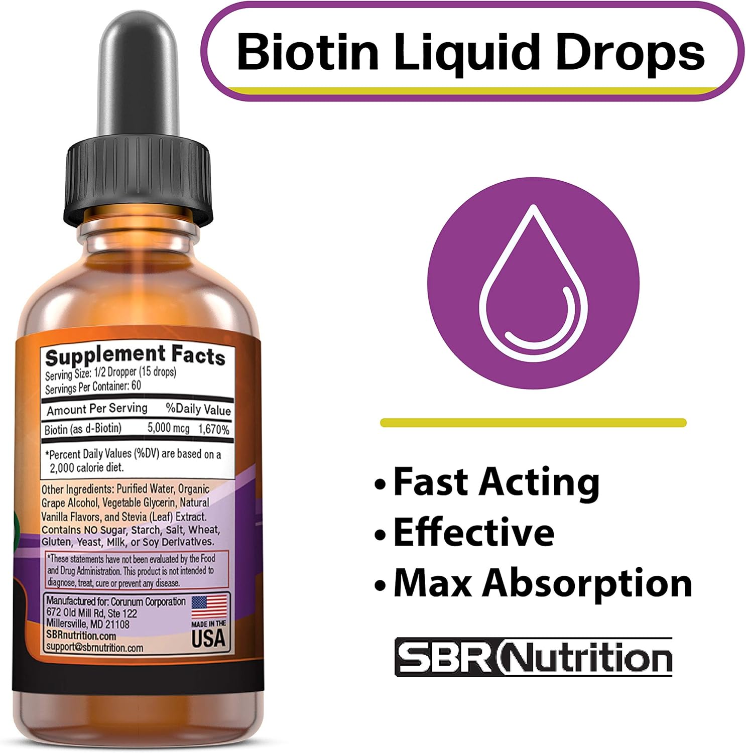 SBR Nutrition Biotin Liquid Drops, 5000mcg per Serving (60) 1.0Fl.oz (30ml) Vanilla: Health & Personal Care