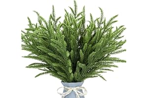 KUNJOCY 24Pcs Norfolk Pine Branches Stems 13.5" Artificial Pine Needles Sprigs Norfolk Pine Garland Accessories Vase Fillers Winter Fake Christmas Tree Picks Greenery Sprays for DIY Wreaths (24, Green)