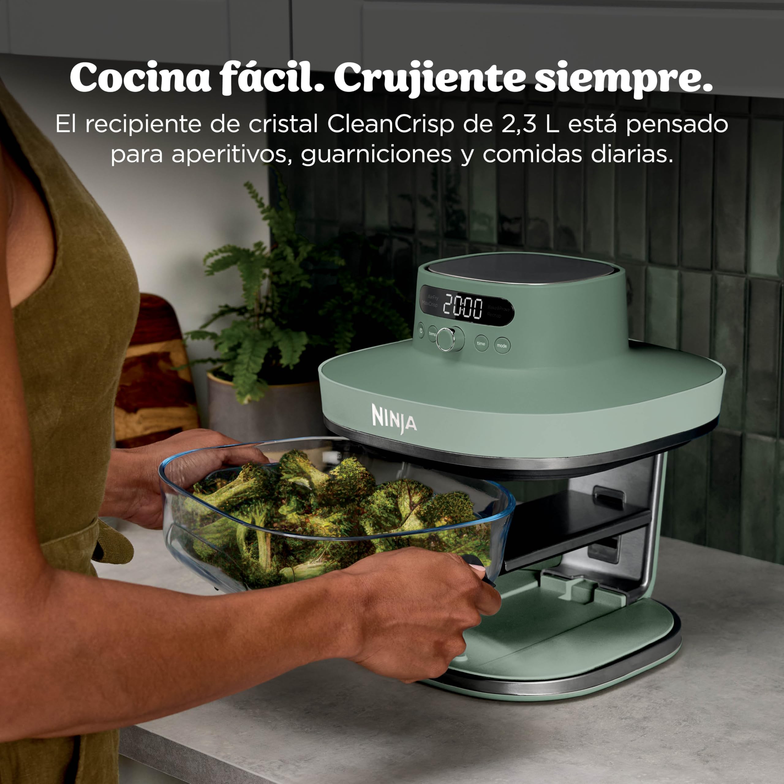 Ninja CRISPi PRO XL Glas-Heißluftfritteuse (Air-Fryer), 5 voreingestellte Zubereitungsfunktionen, CleanCrisp-Glasbehälter (5,7 l und 2,3 l) und Aufbewahrungsdeckel, Moosgrün AS090EUGN 9
