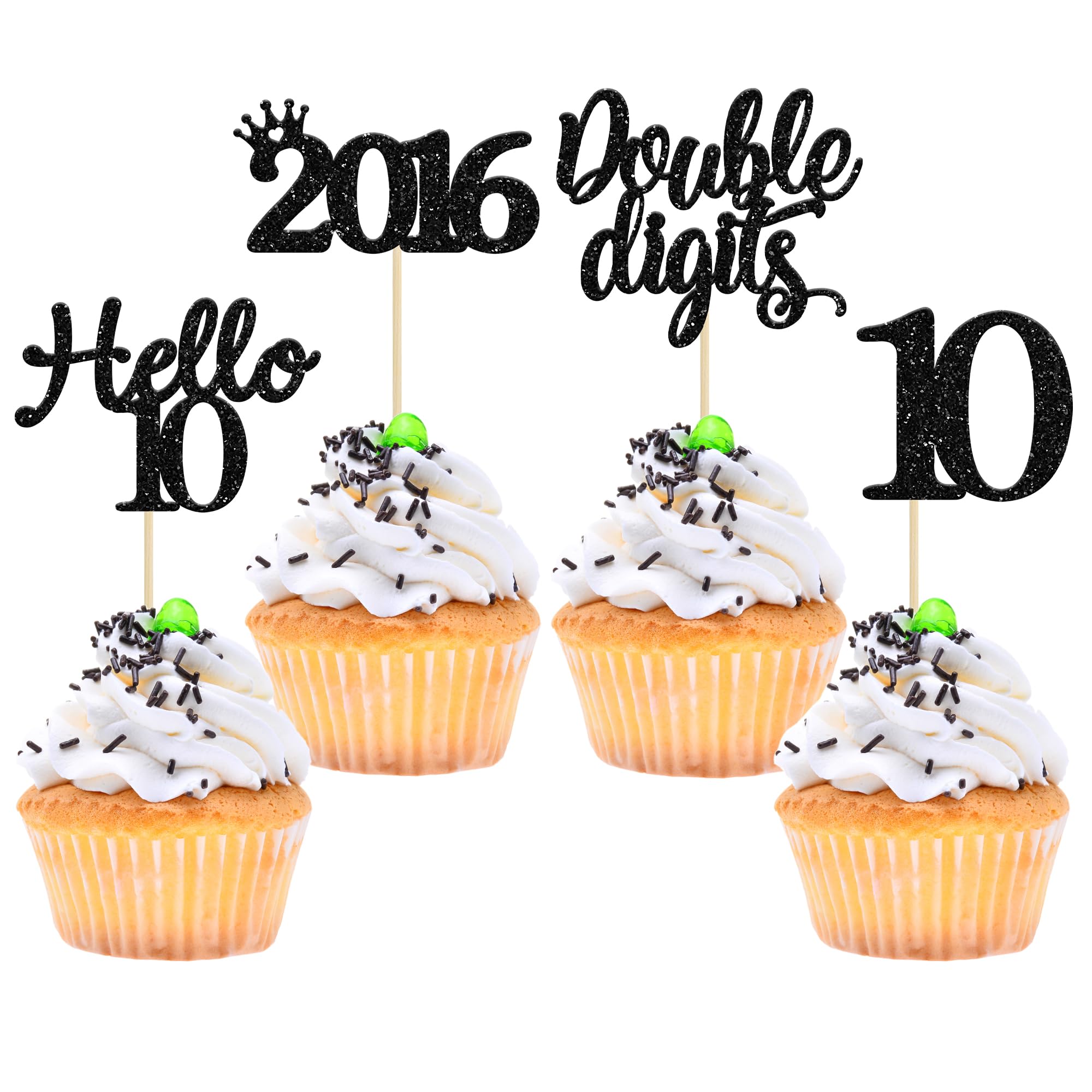 Gyufise 24 Pack Black Glitter Happy 10th Birthday Cupcake Toppers 10 Ten Hello 10 Double Dights Since 2016 Cupcake Picks for 10th Birthday Party Decorations