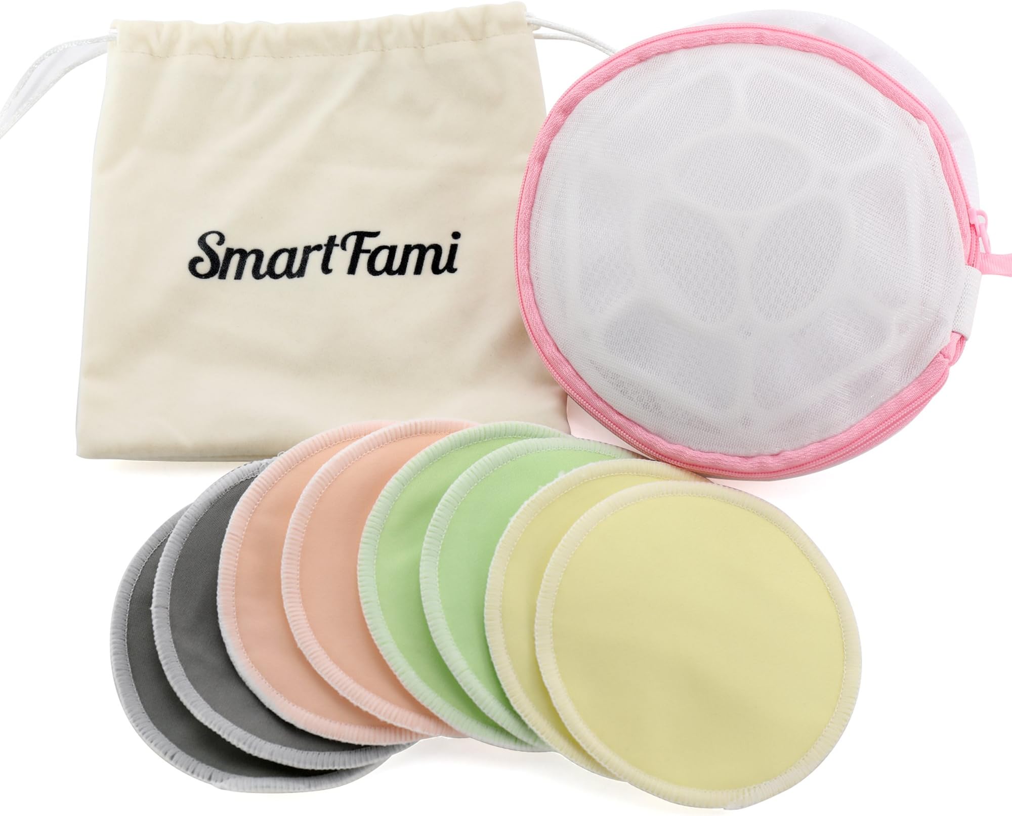 SmartFami Best Washable Organic Bamboo Nursing Pads(8 Pack) with Laundry and Cloth Bag, Reusable Pads,Ultra Soft,Waterproof,Leakproof Pads,Absorbent,Hypoallergenic,Breastfeeding Pads
