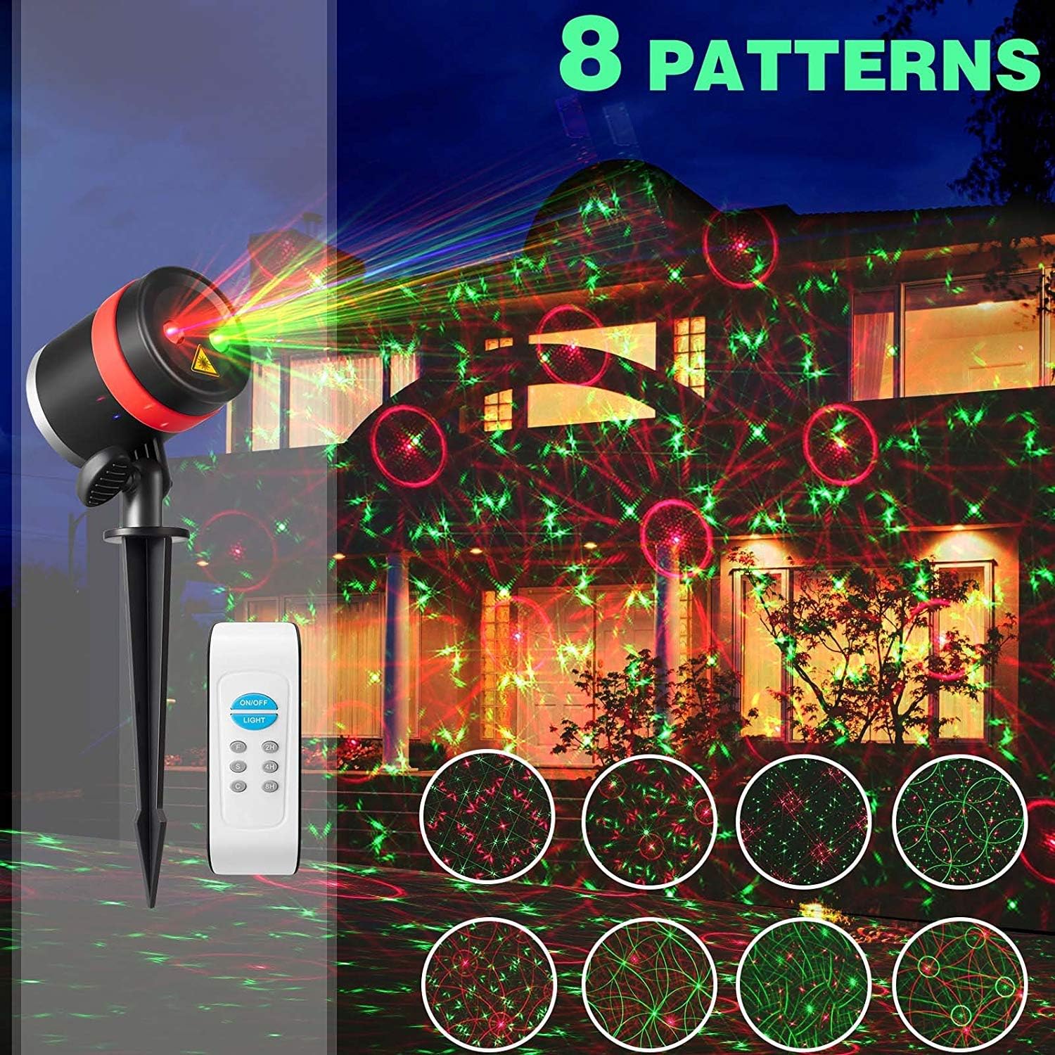 SKONYON TEC.Bean Show Red and Green 8 Patterns Waterproof Outdoor Laser Projector Light with Remote Control for Christmas, Holiday, Party, Landscape, and Garden Decorations, Black