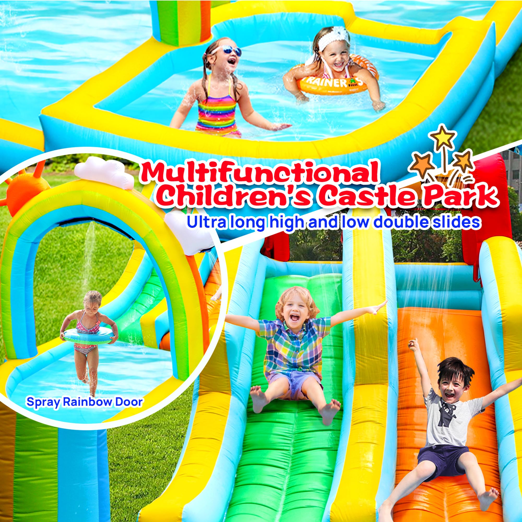 WELLFUNTIME Inflatable Water Double Slides Park with Blower, Bouncy Castle with Rainbow Water Curtain, with Shooting and Rock Climbing