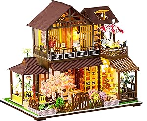 Spilay DIY Dollhouse Miniature with Wooden Furniture Kit,Handmade Mini Japanese Style Home Craft Model Plus Dust with Music Box,1:24 Scale Creative Doll House Toys for Teens Adult Idea Gift