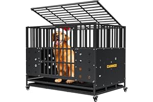 Cammoo 48'' Heavy Duty Dog Crate for Large Dogs, – Upgraded Chew-Proof Panels, Comfort-Widened Floor Panel, Dog Kennel Indoor, Adjustable Internal Height, Easy-Access Wide Door, 4 Lockable Wheels