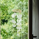 Handmade Capiz Wind Chimes for Outside, Outdoor Seashell Hanging Beach Coast Ocean Home Decorative, Unique Natural Shell Waterfall Windchimes for Summer Patio, Great Memorial Sympathy Gift(White