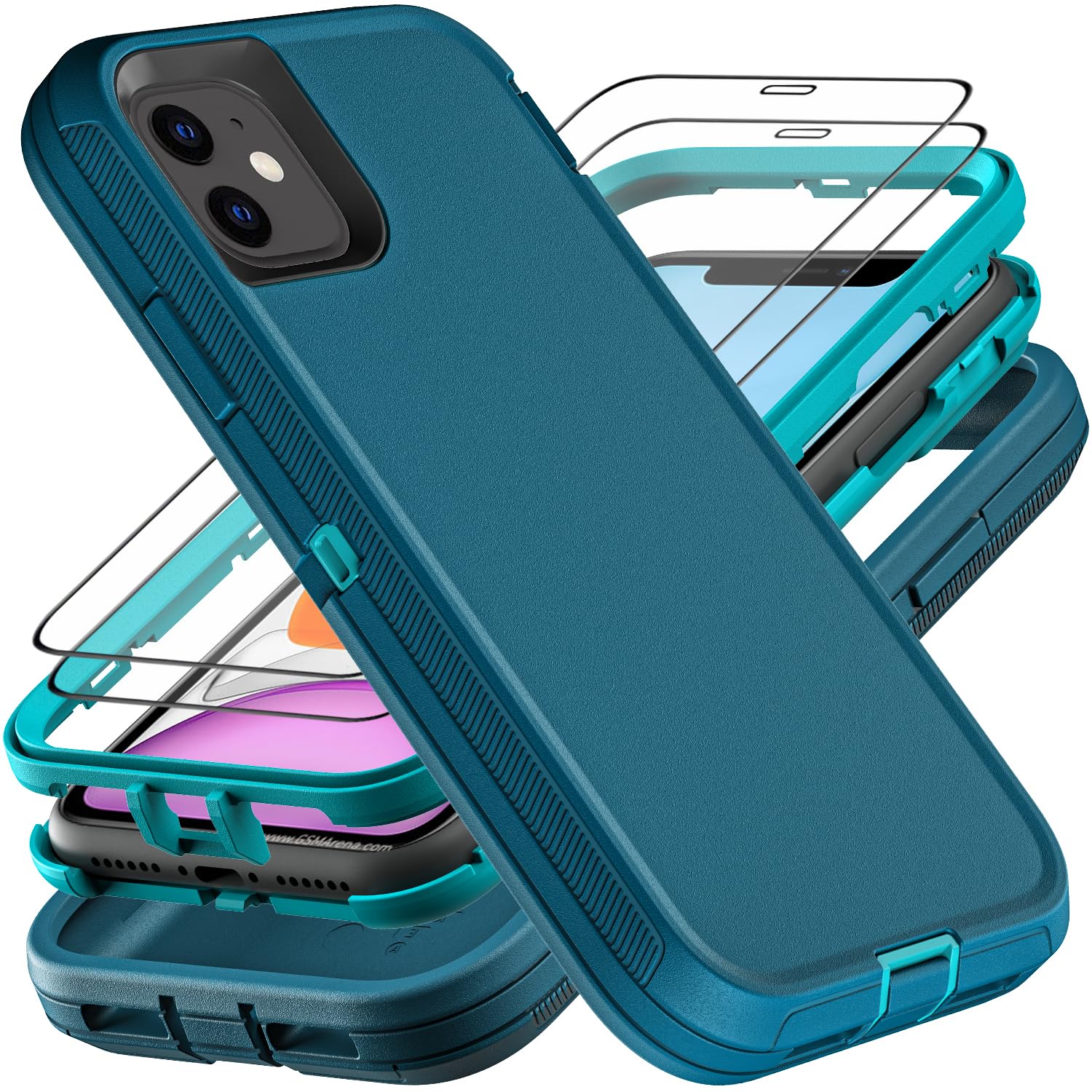 for iPhone 11 Case, Military Grade 3 in 1 Heavy Duty Shockproof/Drop Proof/Dust Proof Case with 2Pcs Tempered Glass Screen Protector (Blue/Turquoise)