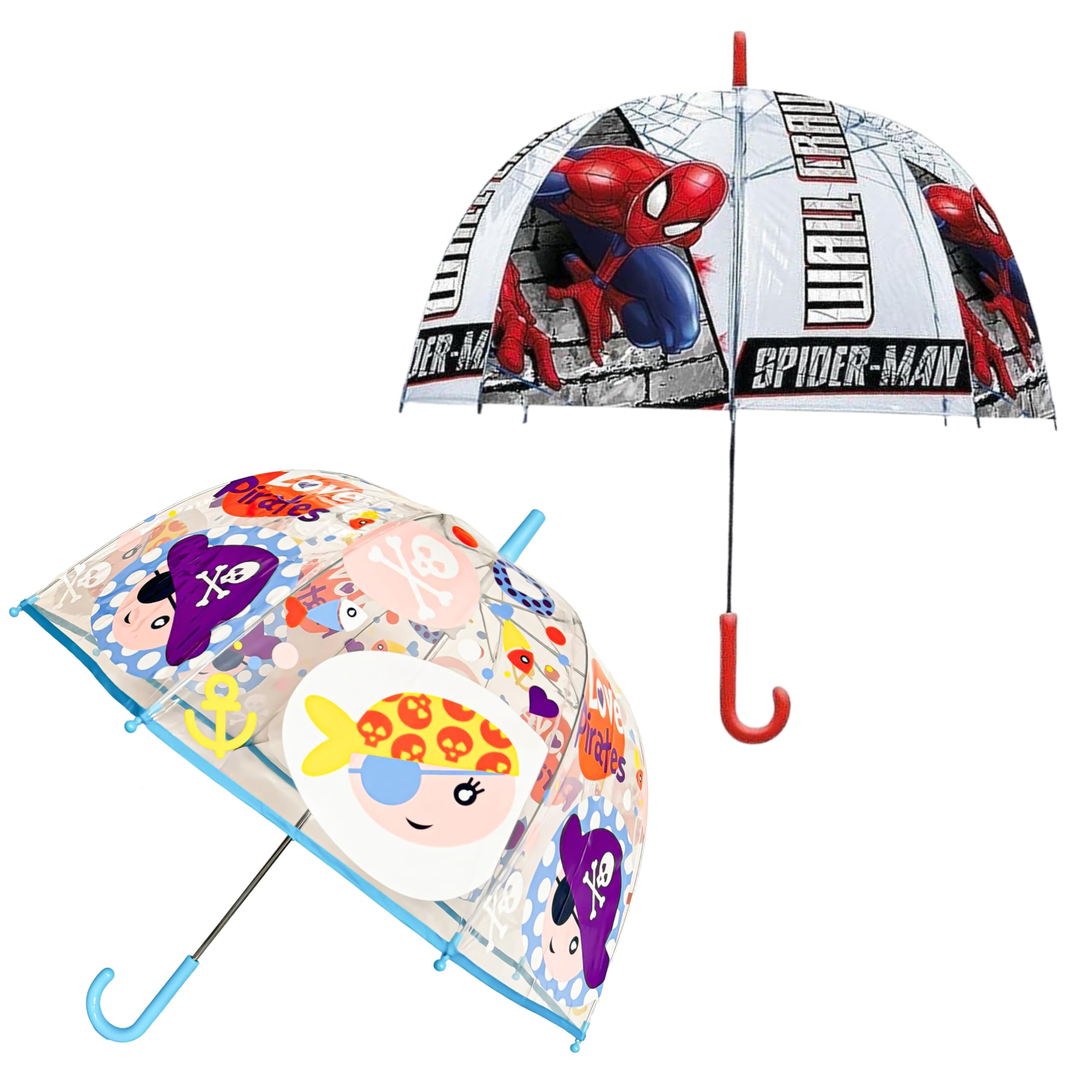 2Pcs Cartoon Umbrella for Kids, Spiderman 75cm Transparent Dome & Love Pirates 74cm Cartoon Brolly, Windproof Lightweight PVC Umbrella Boys Girls 3-7 Years, Rain & Sun Protection J Handle