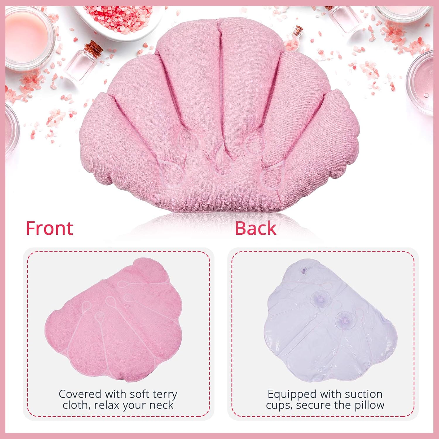 3 Pieces Inflatable Bath Pillow with Suction Cups, Terry Cloth Covered Bath Pillow Shell Shape Bathtub Spa Pillow Comfortable Soft Bath Cushion, Neck Support for Bathtub, Hot Tub (Pink, Green, White) : Beauty