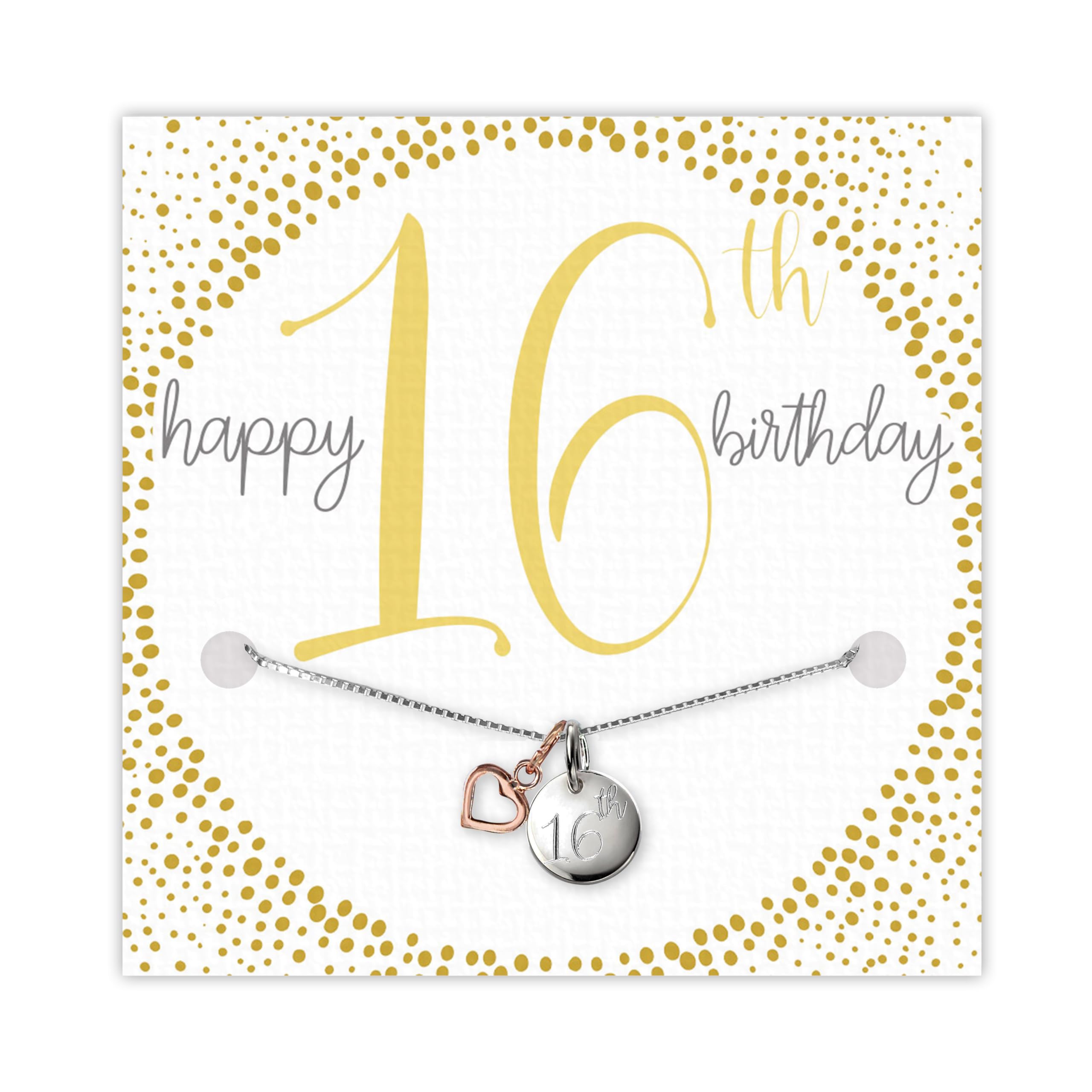 Purple Piglet Gifts 16th Birthday Gift For Girl Teenager - Personalised Sterling Silver Necklace Engraved Disk With Rose Gold Heart Pendant - Versatile Jewellery - Happy 16th Birthday - Gift Boxed