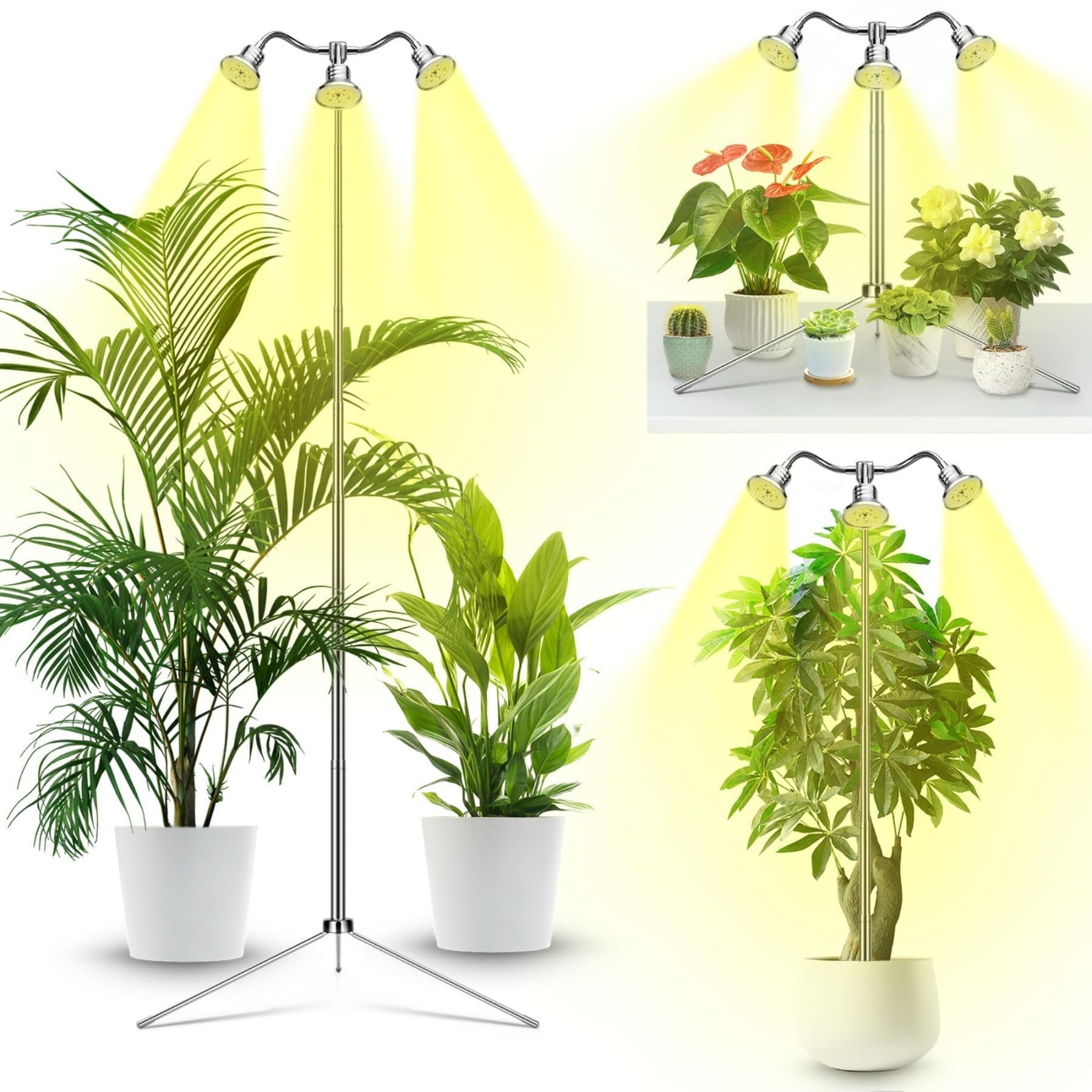Photo 1 of Full Spectrum Grow Lights for Indoor Plants 15-62 Inches Height Adjustable Aluminum Alloy Plant Growing Lamps with Detachable Tripod Stand, Auto On/Off Timer (Full Spectrum, Three Heads)