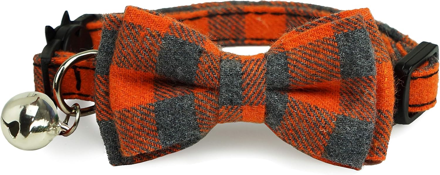 Pohshido Orange Plaid Cat Collar with Movable Bowtie, Cat Bowtie Plaid Patterns Pet