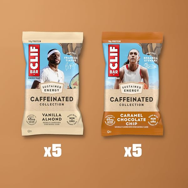 CLIF BAR CAFFEINATED COLLECTION – ENERGY PROTEIN BARS – CARAMEL CHOCOLATE CHIP AND VANILLA ALMOND – VARIETY PACK – MADE WITH ORGANIC OATS – ENERGY BARS – NON-GMO – (10 PACK)