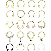 BESTEEL 20Pcs Gold Septum Rings 16G Small Septum Jewelry Surgical Steel Septum Clicker Dangle Nose Rings Hoops for Women Men Cute Star Bee CZ Heart Butterfly Chain Septum Rings Septum Piercing Jewelry