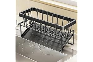Sponge Holder Caddy for Kitchen Sink – Stainless Steel Soap Organizer with Auto Drain Tray, Countertop Storage Rack for Sink 