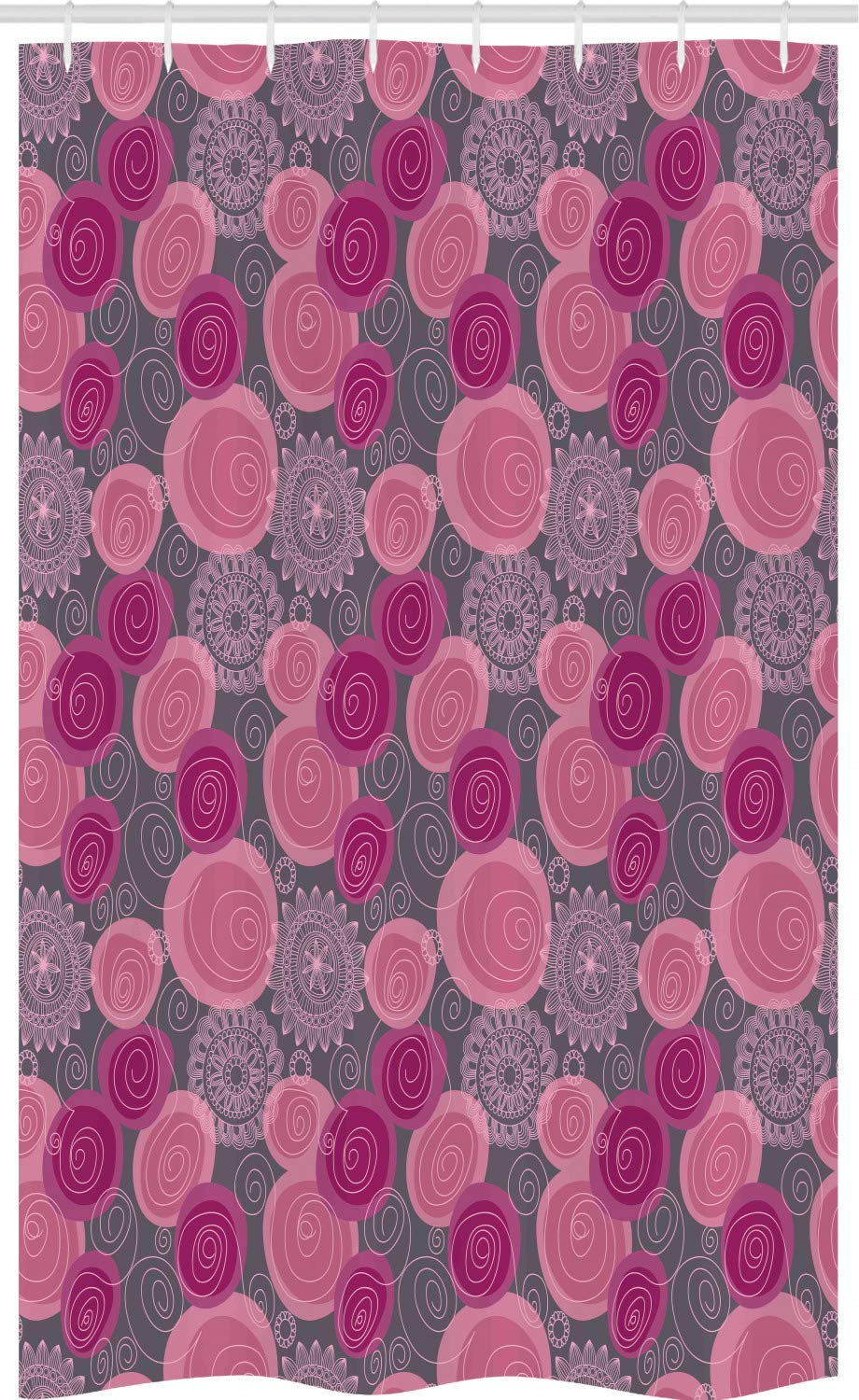 ABAKUHAUS Pink and Grey Stall Shower Curtain, Doodle Style Lace Swirled Circle Flower Pattern Ornamental Flourish, Fabric Bathroom Decor Set with Hooks, 47" x 70", Fuchsia Magenta Grey