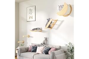DWVO Cat Wall Shelves and Perches for Wall, Solid Wood Wall Mounted Cat Furniture, Set of 5 Cat Climbing Shelves with Moon Cat House, Cat Bridge Ladder, Cat Hammock and Cat Scratching Post