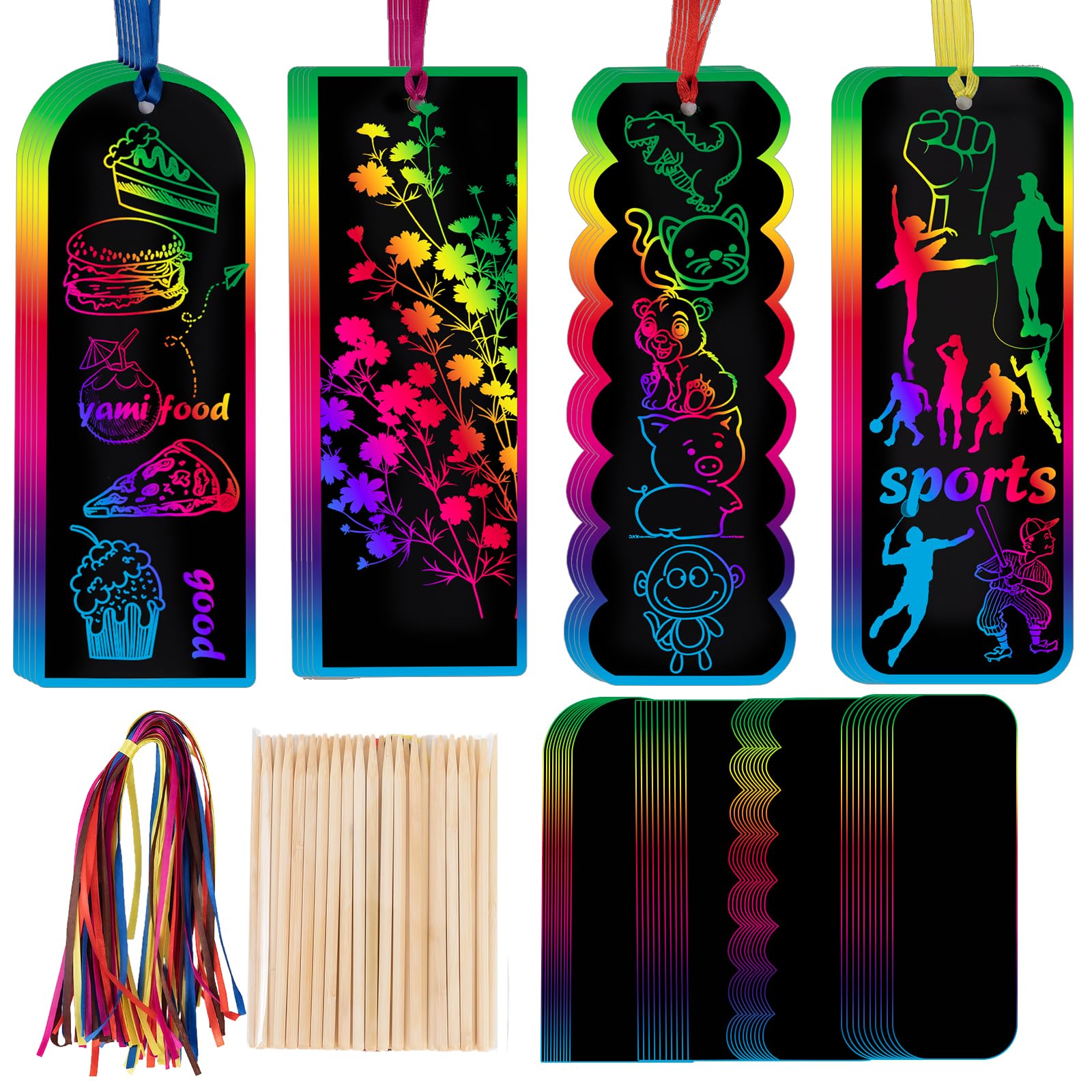 48Sets 4 Styles Scratch Art, Magic Scratch Art Bookmarks Craft Kit with 48pcs Scratching Tools＆Satin Ribbons for Students Party Favor Classroom Activities Party Bag Fillers DIY Bookmarks