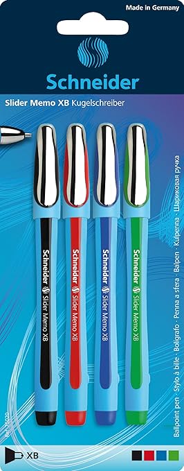 Schneider Blister Slider Memo XB Kugelschreiber, schwarz, rot, blau, grün, 4er-Pack