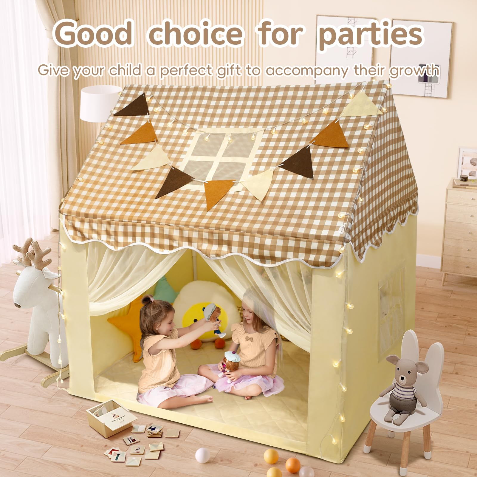 RONGFA Playhouse for Indoor & Outdoor, with Star Light, Flags and Carry Bag, Washable Kids Tent for Girls & Boys (Lattice Top)