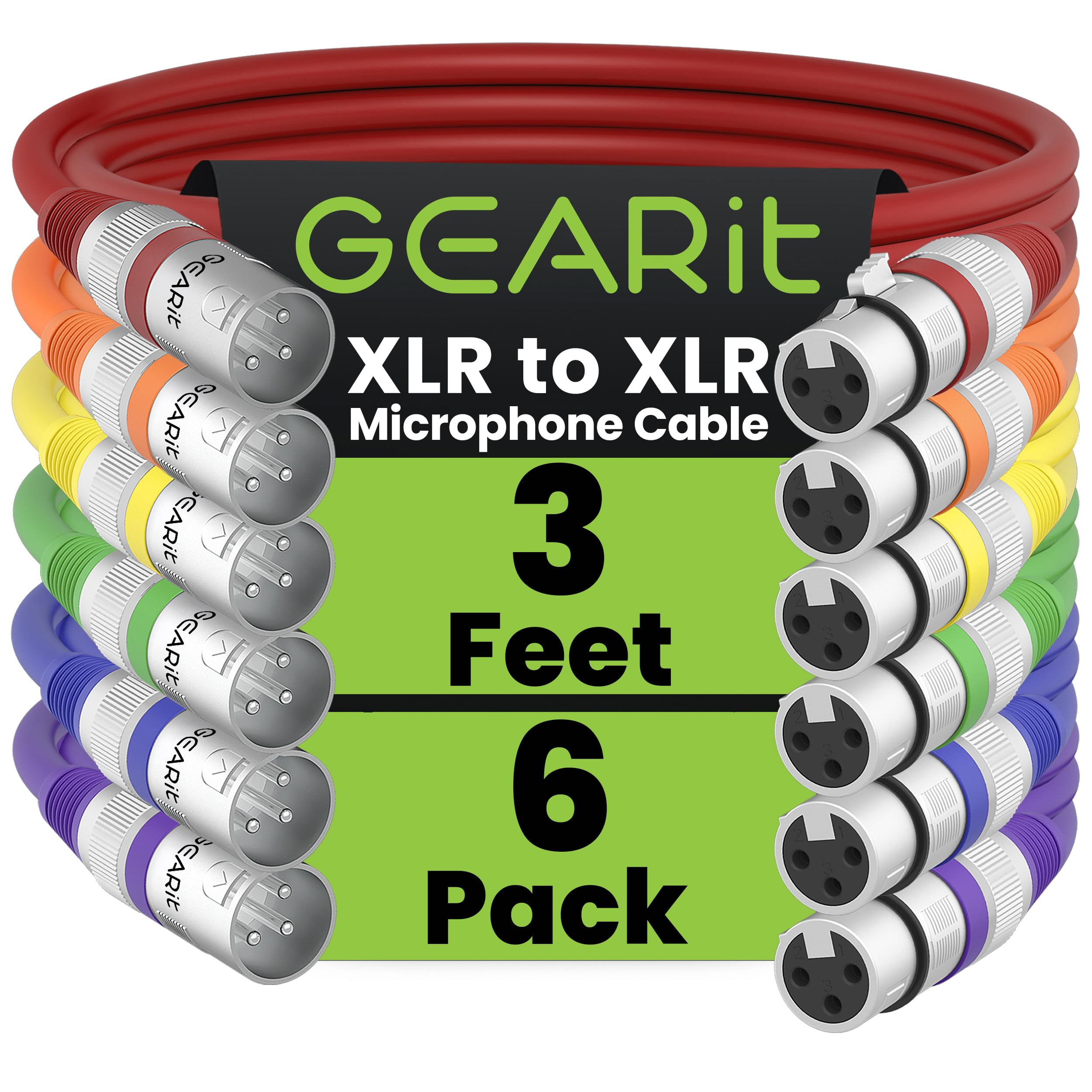 GEARit XLR to XLR Microphone Cable (3 Feet, 6 Pack) XLR Male to Female Mic Cable 3-Pin Balanced Shielded XLR Cable for Mic Mixer, Recording Studio, Podcast - Multi Colored, 3Ft, 6 Pack