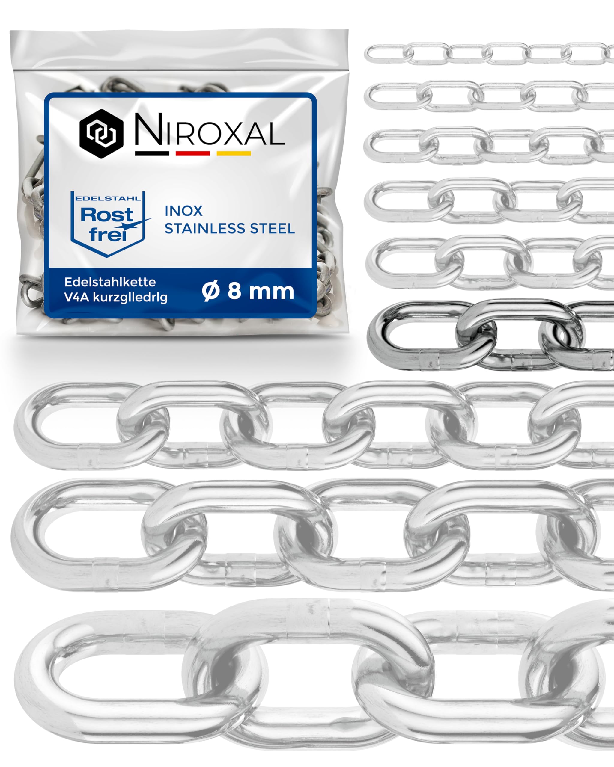 Stainless Steel Chain Short Link 316 Marine Grade A4 DIN 766 DIN 5685 8 mm Pack of 2 x 0.5 m Heavy Duty Round Link Chain Rust Resistant Outdoor Chain NietFullThings