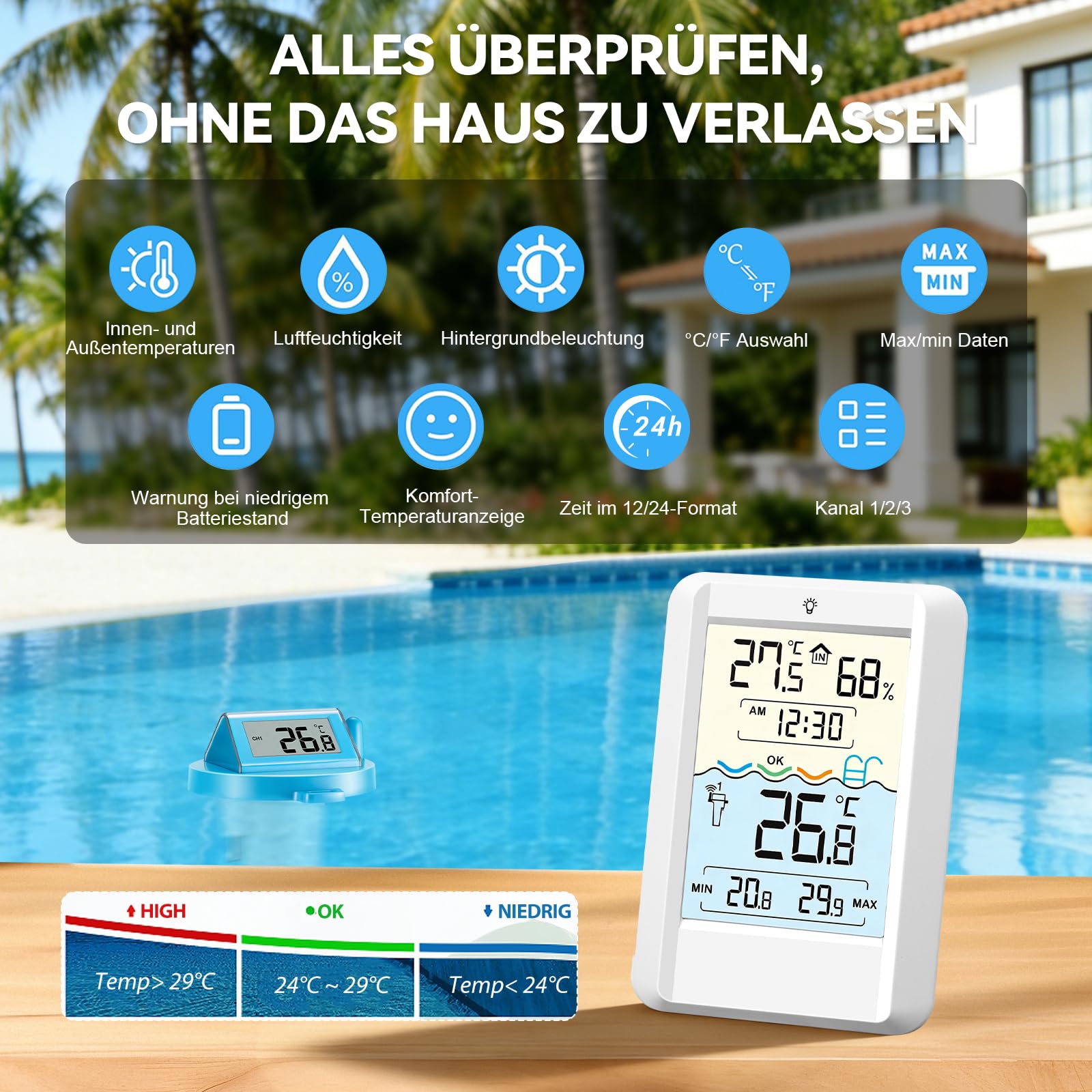 Warmfay Poolthermometer Funk Digital, Solar & Akku Betrieb, IP68 Wasserdicht Funkthermometer Schwimmend mit Empfänger bis 70 m Reichweite, Funk Pool Thermometer für Schwimmbad, Badewanne, Teich Spa 5