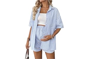 MakeMeChic Women's Maternity Outfits Striped Button Down Shirt and Shorts Pregnancy Set