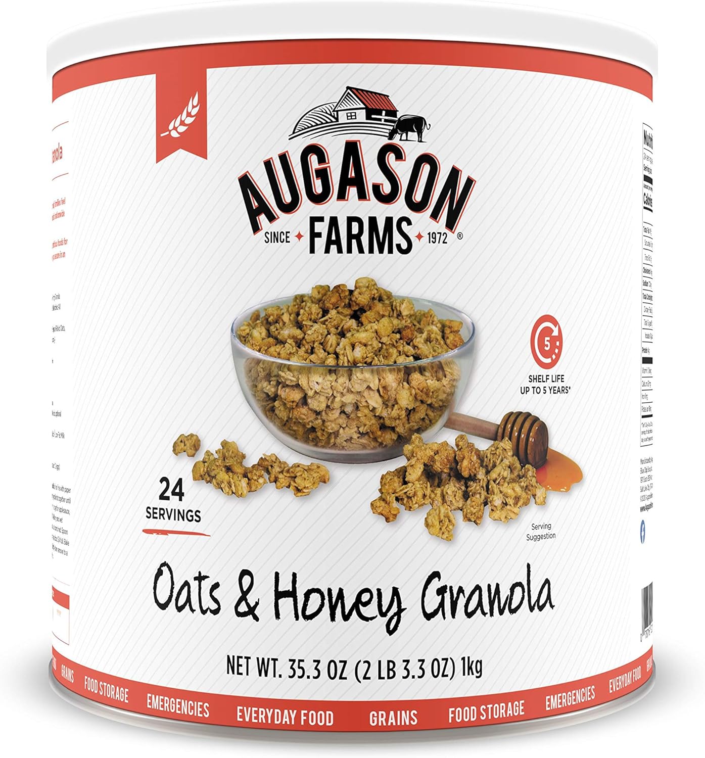 Augason Farms Oats & Honey Granola 35.27oz #10 Can, White/Orange