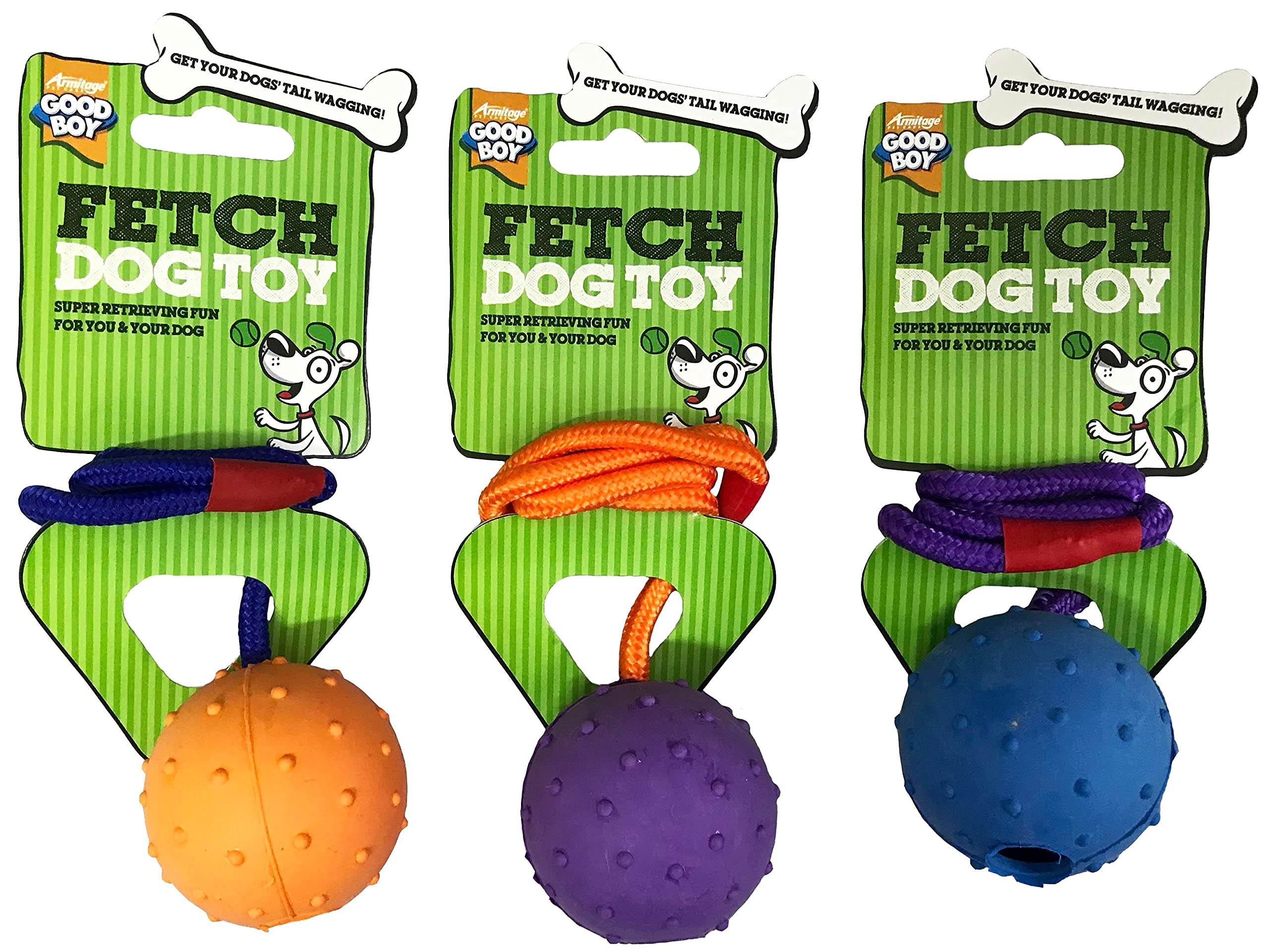3 PACK GOODBOY FETCH DOG TOY BOUNCY PIMPLED RUBBER BALL ON ROPE THROW 08986