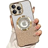Misscase for iPhone 16 Pro Magnetic Glitter Case Compatible with MagSafe,Full Protection Slim Shockproof Anti-Scratch Case with Camera Lens Protector Logo View Dust-Proof Net for Women Gold