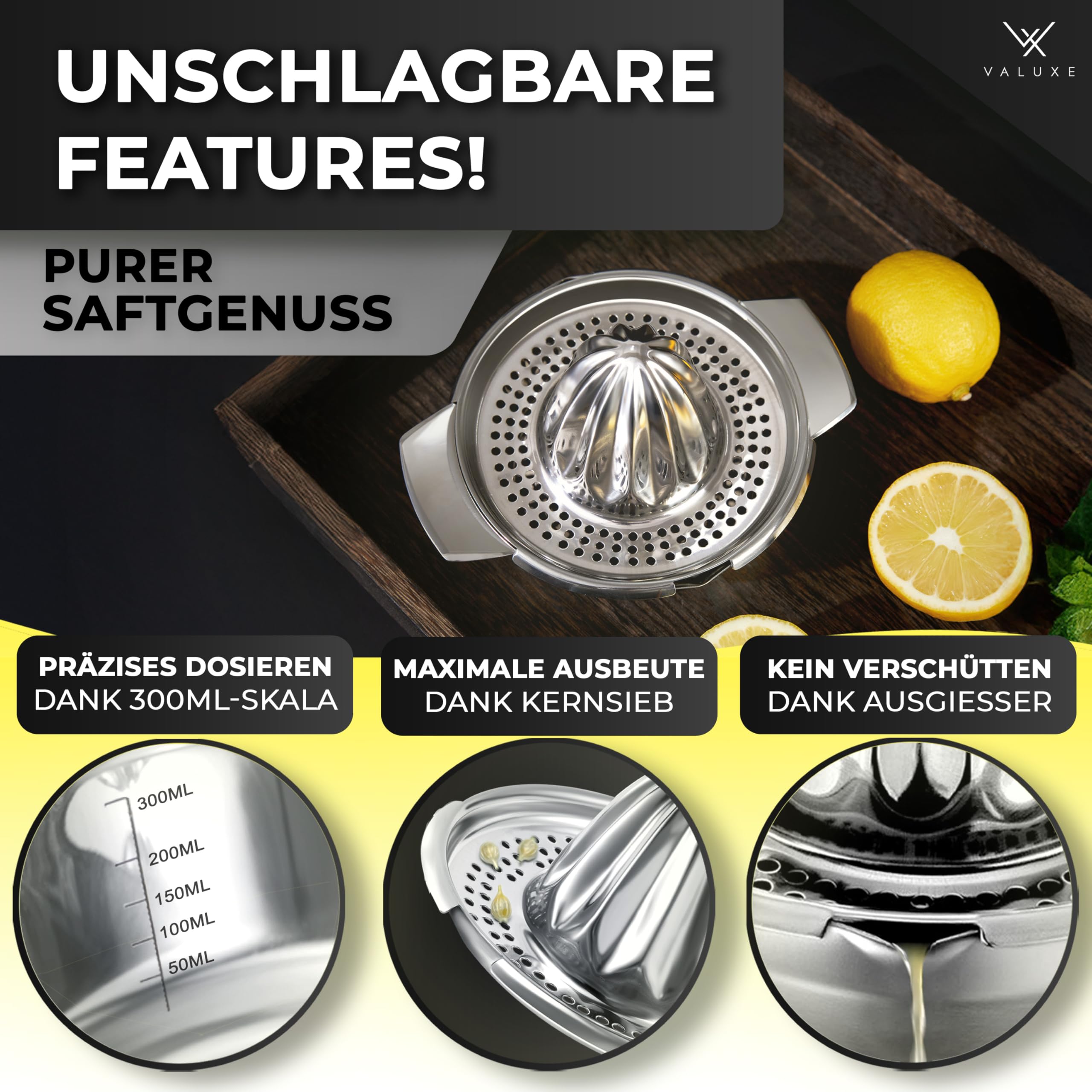 VALUXE® Premium Zitronenpresse Edelstahl - Zitruspresse für Zitronen, Limetten & Orangen mit 350ml Behälter - Manuelle Limetten-Presse, Lemon Squeezer spülmaschinengeeignet 3