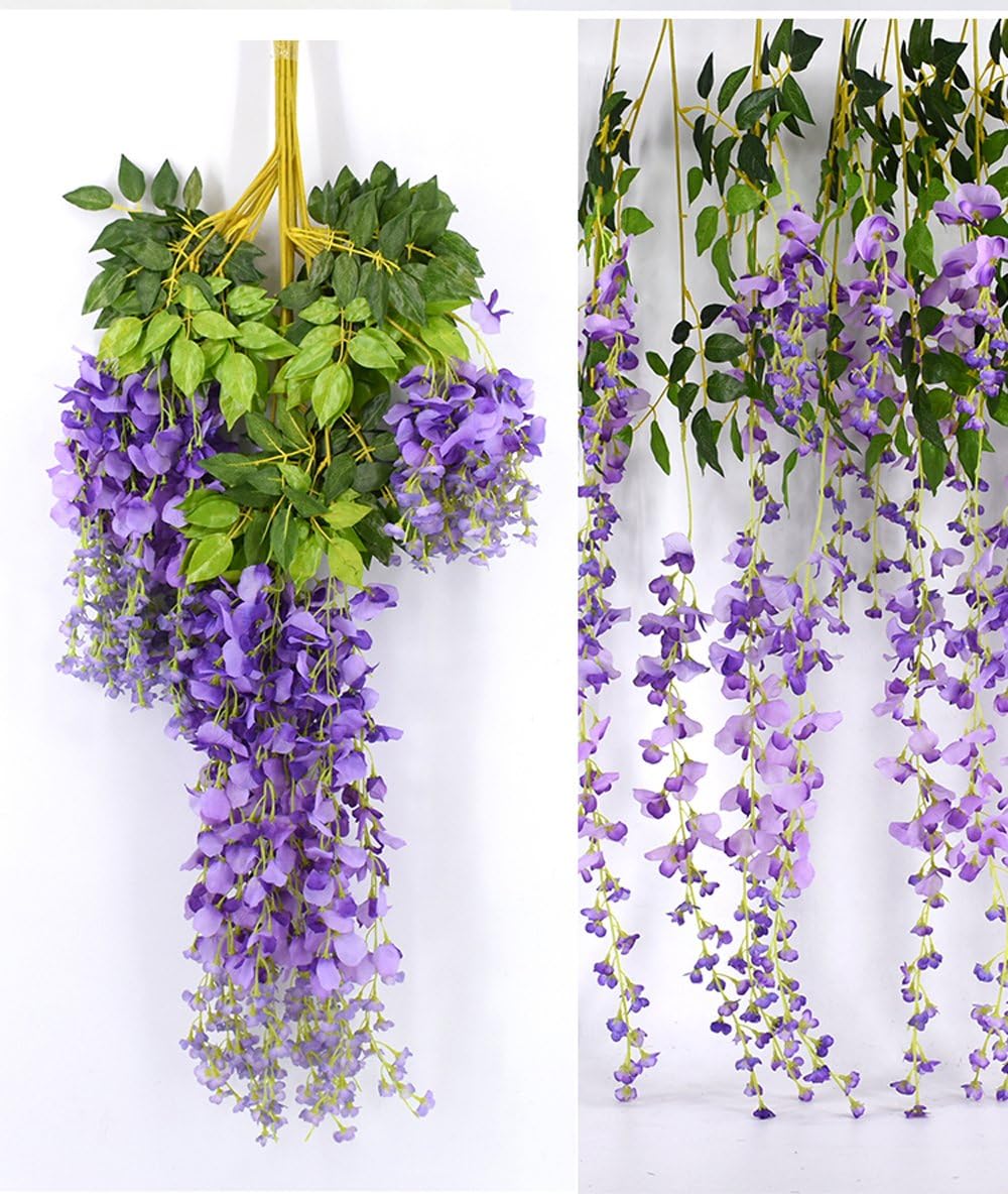 Heybee 12 Piece 3.6' (43.3") Artificial Silk Wisteria Vine Rattan Hanging Flower for Fairy Romantic Wedding Décor, Purple