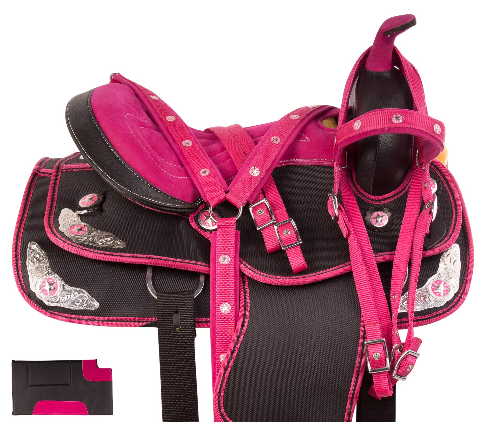Acerugs 14” 15” 16” 17” 18” Pink Western Cordura Horse Saddle TACK Package Headstall REINS Breast Collar PAD Silver Show Barrel Racing Pleasure Trail